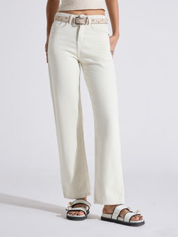 MIXT by Nykaa Fashion - Beige Solid Straight Fit Washed Denim Pants