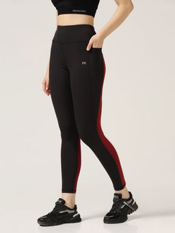 Muscle Torque - High Waist Colorblock Workout Tights-Black & Maroon