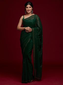 Koskii - Bottle Green Sequins Georgette Saree with Unstitched Blouse