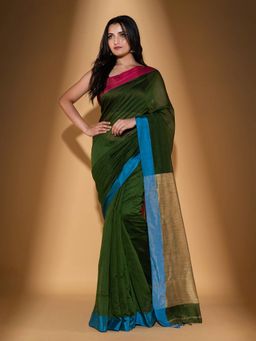Beatitude - Green Blended Cotton Woven Saree with Unstitched Blouse