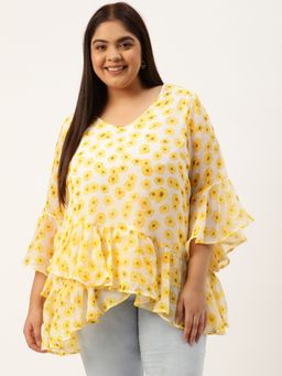 theRebelinme - Womens Yellow andOff White Print Layered Georgette Top