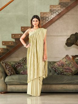 Tikhi Imli - Pista Green Colored Saree with Pleated Cape Worn Three Ways with Unstitched Blouse