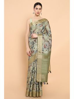Soch - Women Green Cotton Printed Saree with Unstitched Blouse