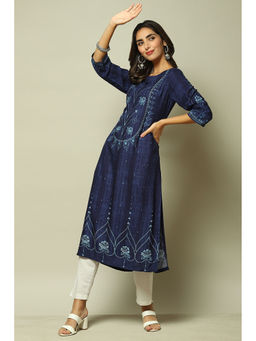 Biba - Womens Indigo Printed Rayon Straight Kurta