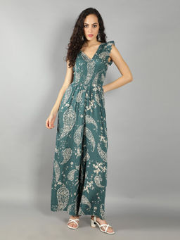 DEBONATELLA - Green Paisley Print Smocked Detail Jumpsuit