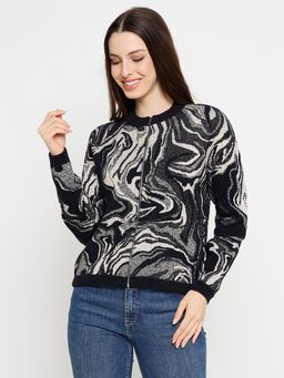 Madame - Abstract Print Zip Up Black Sweater