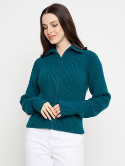 Madame - Teal Solid Full Sleeves Sweater