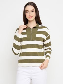Madame - Striped Zip Up Olive Sweater