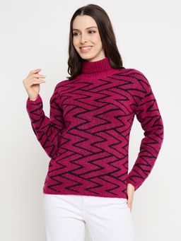 Madame - Geometric Print High Neck Pink Sweater