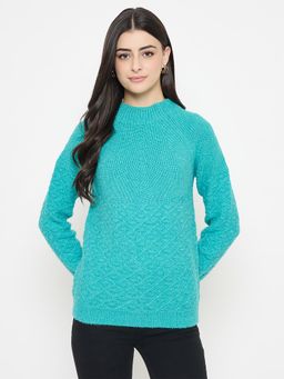 Madame - Textured Green Full Sleeves Sweater