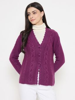 Madame - Purple Textured Full Sleeves Cardigan