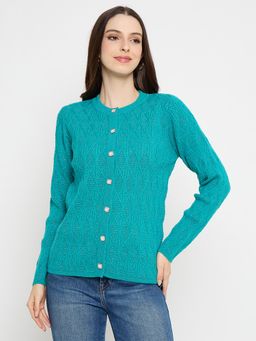 Madame - Teal Textured Full Sleeves Cardigan