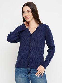Madame - Navy Blue Textured Full Sleeves Cardigan