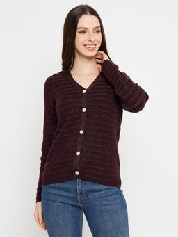 Madame - Brown Textured Full Sleeves Cardigan