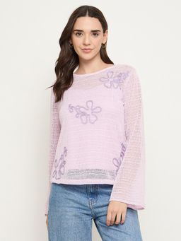 Madame - Mauve Embroidered Floral Full Sleeves Top