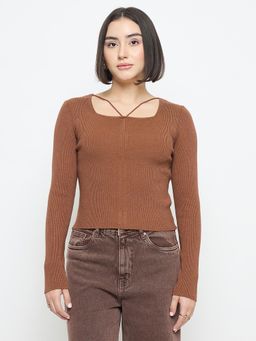 Madame - Brown Square Neck Full Sleeves Top