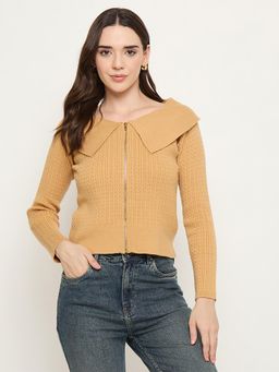 Madame - Mustard Textured Full Sleeves Cardigan