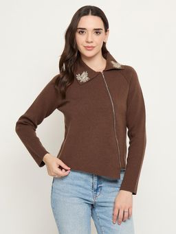 Madame - Brown Embroidered Full Sleeves Cardigan