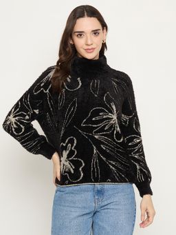 Madame - Floral Print High Neck Black Sweater