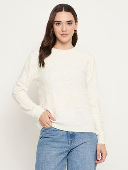 Madame - White Textured Full Sleeves Sweater