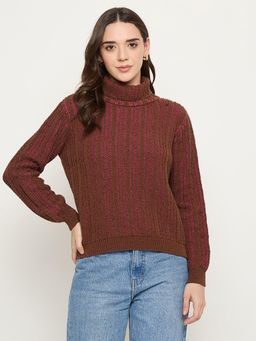 Madame - Brown Striped Full Sleeves Sweater