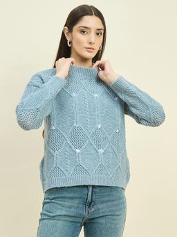 Madame - Blue Textured Full Sleeves Sweater