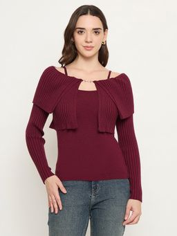 Madame - Maroon Solid Full Sleeves Sweater