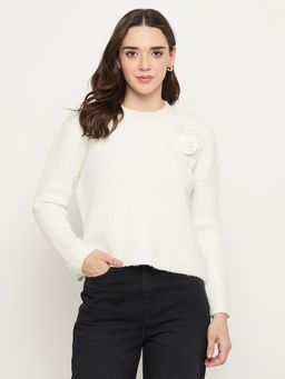 Madame - Off White Solid Full Sleeves Sweater