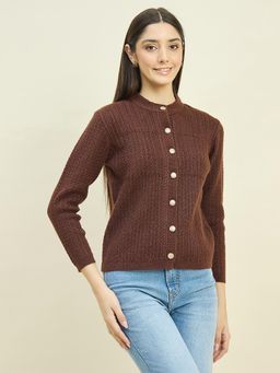 Madame - Round Neck Brown Full Sleeves Cardigan