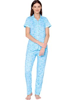 Bodycare - Womens Cotton Printed Night Suit Of Shirt & Pyjama -BSNS18002 Blue (Set of 2)