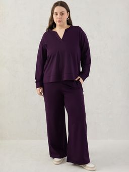 Femmella - Deep Purple V Neck Travel Co-Ord (Set of 2)