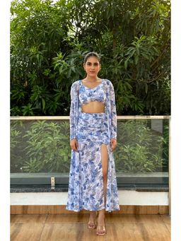 Myclo - Merlin Beautiful Blue Printed Top with Skirt and Shrug (Set of 3)
