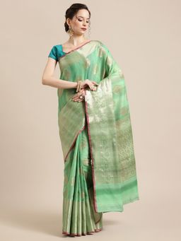 Banarasi Silk Works - Matka Woven Saree Green with Unstitched Blouse