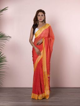 Beatitude - Red Gold-Toned Striped Zari Leheriya Saree with Unstitched Blouse