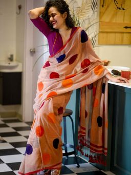 Suta - Beige Polka Print Pure Cotton Saree without Blouse