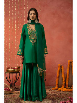 Shivani Bhargava - Heena Emerald Silk Embroidered Kurta with Sharara and Dupatta (Set of 3)