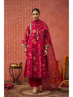 Shivani Bhargava - Karuna Pink Chintz Chanderi Long Kurta with Dhoti and Dupatta (Set of 3)