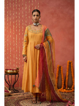 Shivani Bhargava - Kumkum Mustard Embroidered Anarkali with Churidar and Dupatta (Set of 3)
