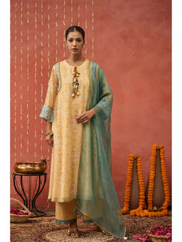 Shivani Bhargava - Yellow Manjari Mughal Jaal Long Kurta with Pant and Dupatta (Set of 3)