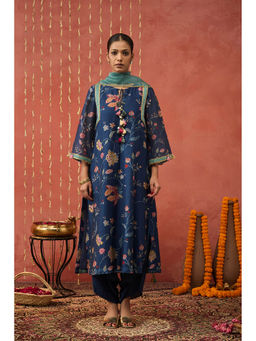 Shivani Bhargava - Raman I Blue Chintz Long Kurta with Dhoti and Dupatta (Set of 3)