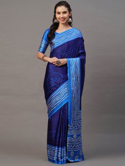 Odette - Navy Blue & Blue Casual Satin Silk Printed Saree with Unstitched Blouse