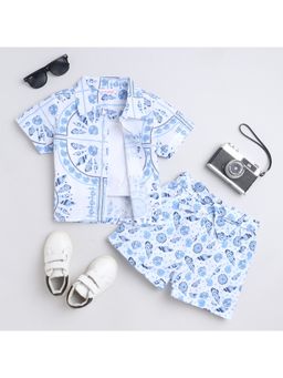 Taffy - White Printed Shirt with Tie-Up Belt Shorts and Solid Crop Top (Set of 4)