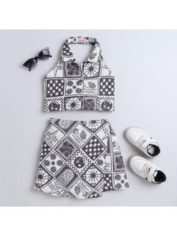 Taffy - Off White Printed Tie Up Halter Neck Crop Top and Skirt (Set of 2)