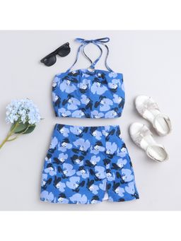Taffy - Blue Abstract Printed Halter Neck Crop Top with Skirt (Set of 2)