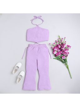 Taffy - Purple Checks Pattern Halter Neck Waist Tie-Up Co-Ord (Set of 2)