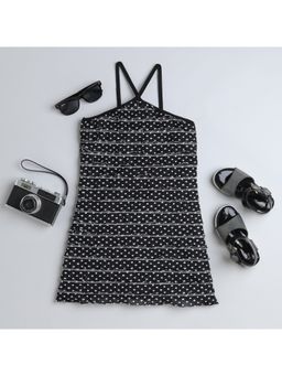 Taffy - Black Polka Dots Printed Halter Neck Ruffled A-Line Dress