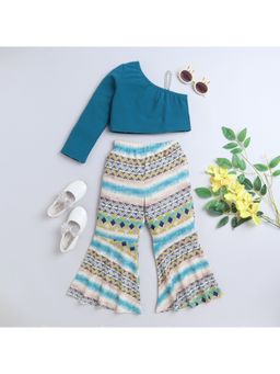 Taffy - Teal Solid One Shoulder Crop Top and Printed Bell Bottom Pant (Set of 2)