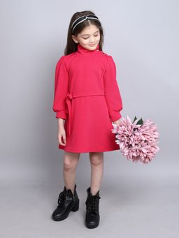 Taffy - Pink High Neck Balloon Sleeves A-Line Dress with Belt