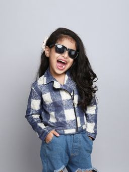 Taffy - Blue Check Printed Full Sleeves Zip Up Crop Jacket