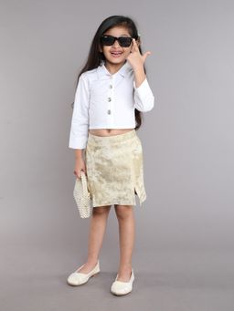 Taffy - White Poplin Back Tie Up Crop Shirt and Gold Foil Printed Skirt (Set of 2)